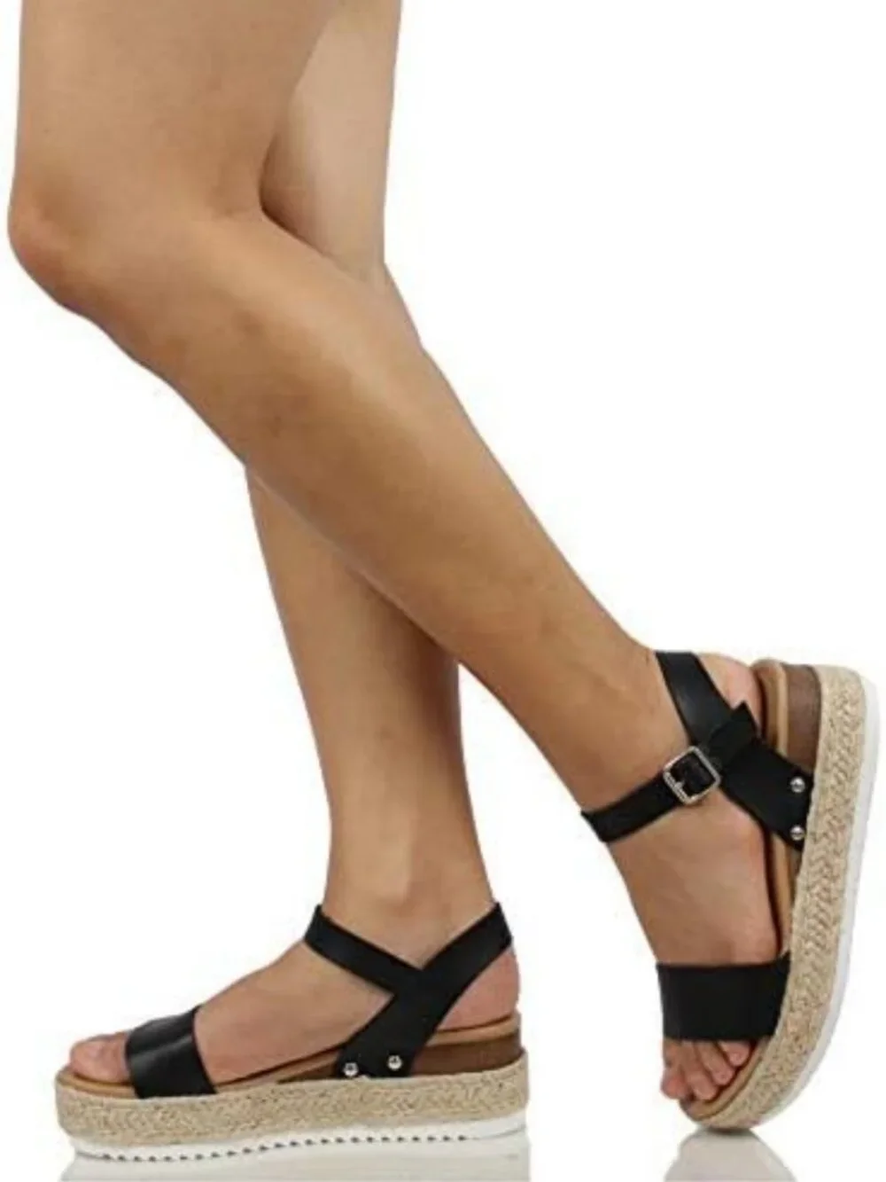Open Toe Buckle Ankle Strap Espadrilles Wedge Sandals - Casual Flatform Shoes
